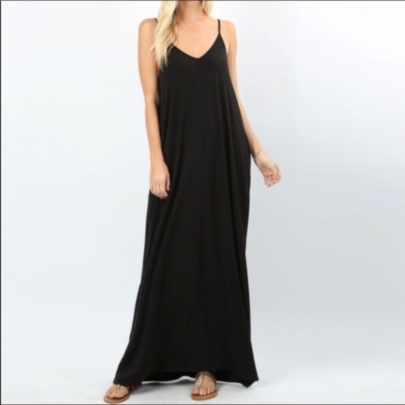 BLACK adjustable spaghetti strap maxi dress with pockets Large L Extra Large XL - Picture 4 of 8